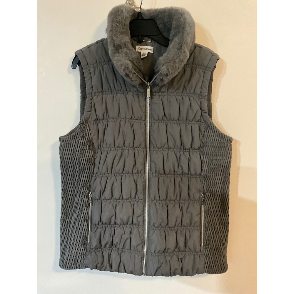 Calvin Klein Womens Gray Puffer Vest Faux Fur Collar Smocked Sides Size Large